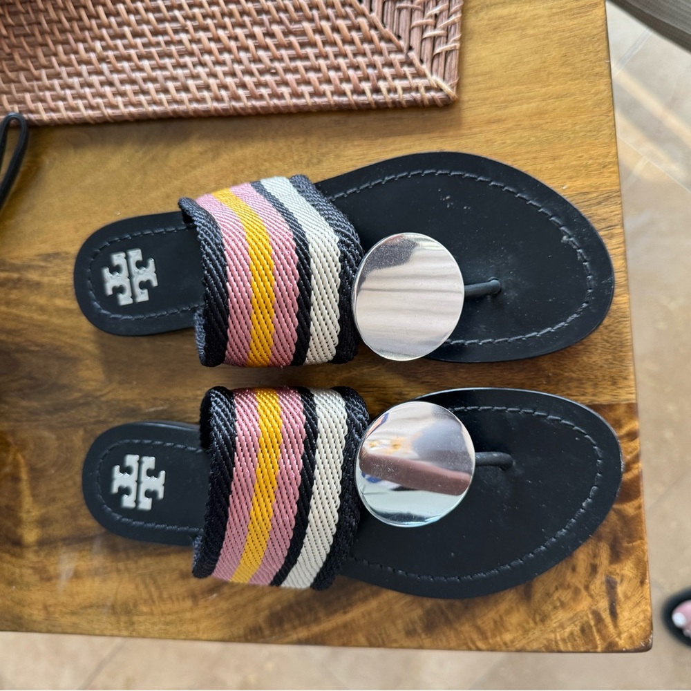 Tory Burch Black Sandals with Striped Strap